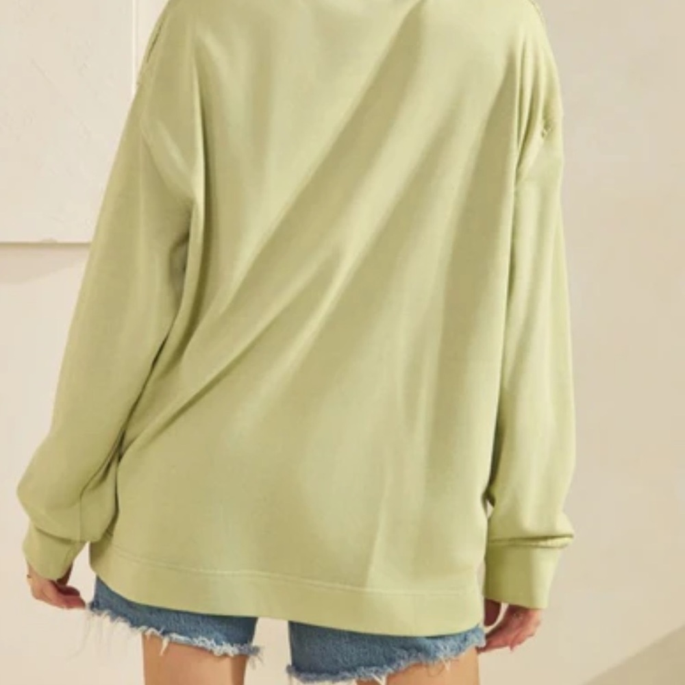 POL Sage Green Whimsy Distressed Bohemian Bow Detail Sweatshirt NWT - Picture 3 of 7